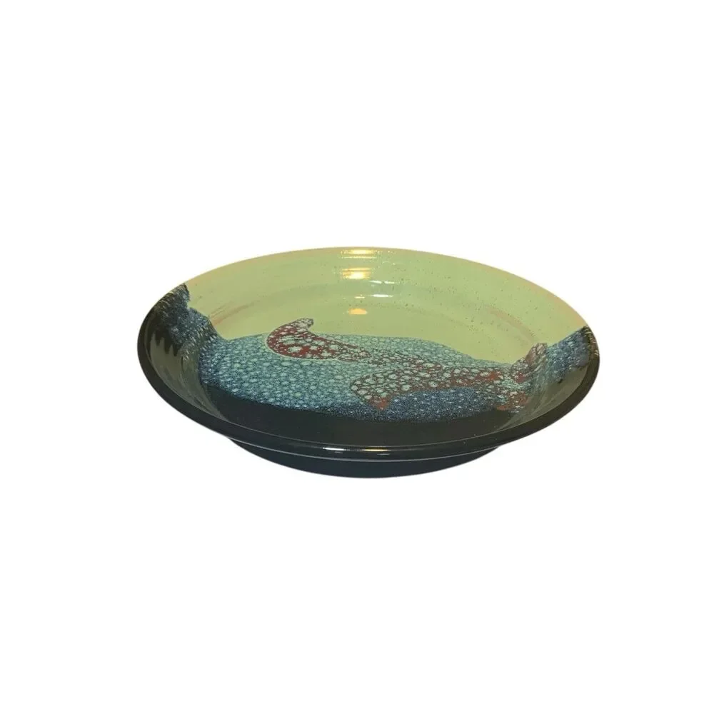 Pat Holleman NC Pottery Blue Shades Shallow Bowl Coastal Nautical Decor Signed